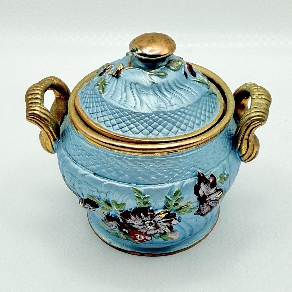 Rucinni Blue & Gold Floral Sugar Bowl Trinket Box Enamel‎ Magnet Closure